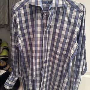 Bugatchi Men's Blue and White Checkered Shirt